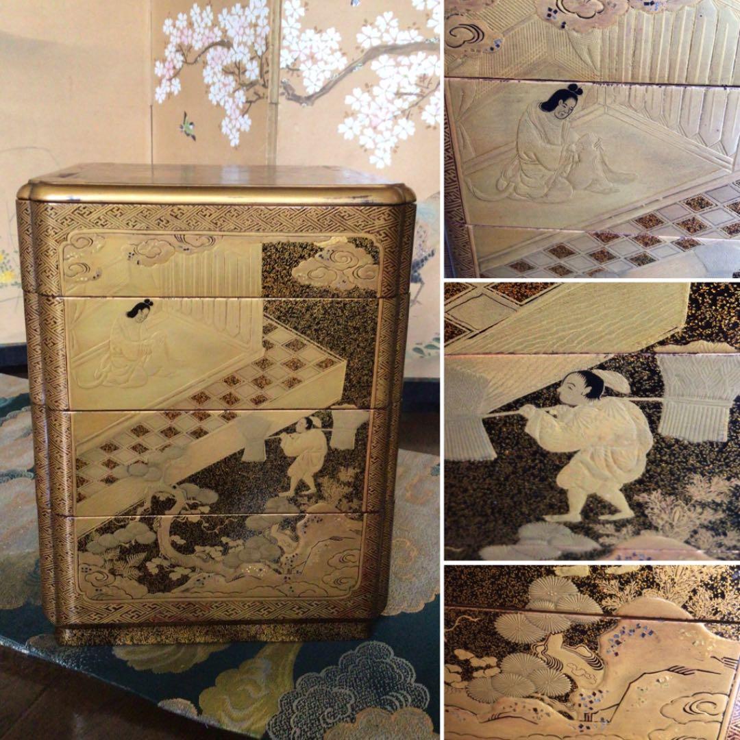 ❶【特別出品】大名道具　虎に像　筍掘り紋様　蒔絵　野弁当　提げ重　（箱付）