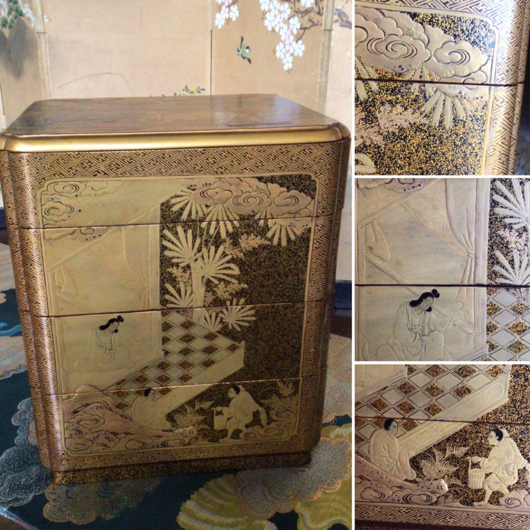 ❶【特別出品】大名道具　虎に像　筍掘り紋様　蒔絵　野弁当　提げ重　（箱付）