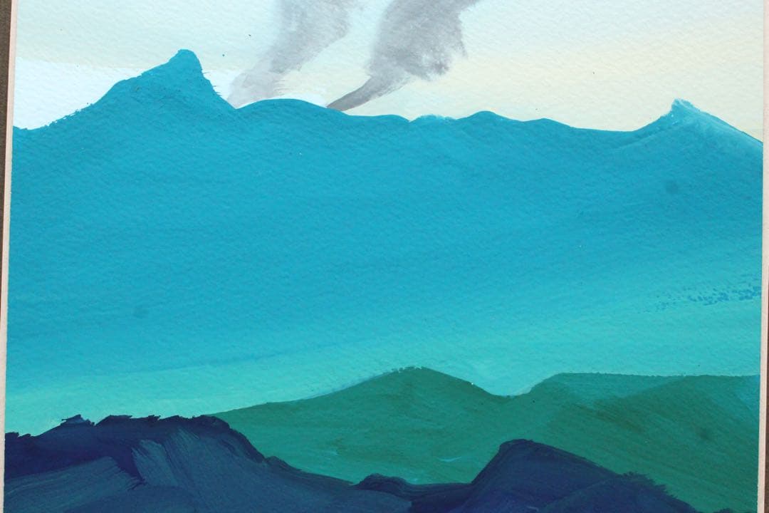 No5296 額装　甲斐典士　「桜島」1969年　直筆サイン　風景画　送料無料