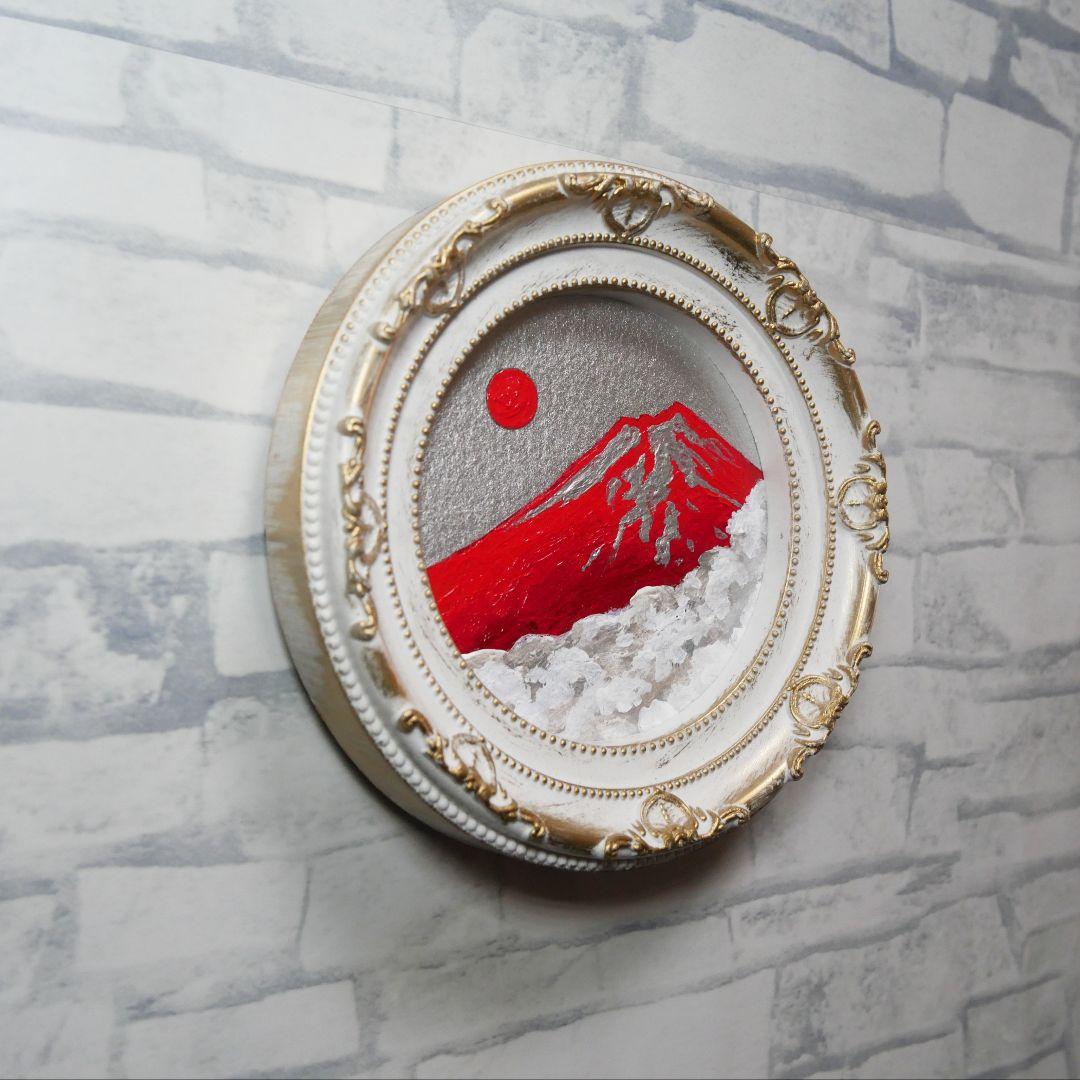 油彩画 円形ミニ絵画「赤富士」 銀の空と白い雲