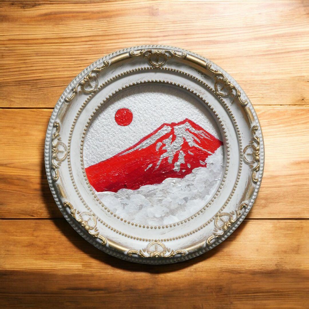 油彩画 円形ミニ絵画「赤富士」 銀の空と白い雲
