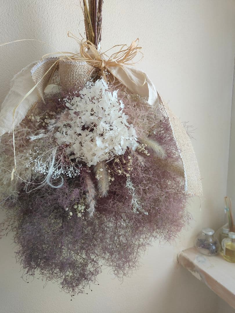 @yama様スモークツリーと白い紫陽花とかすみ草のドライフラワースワッグ２点