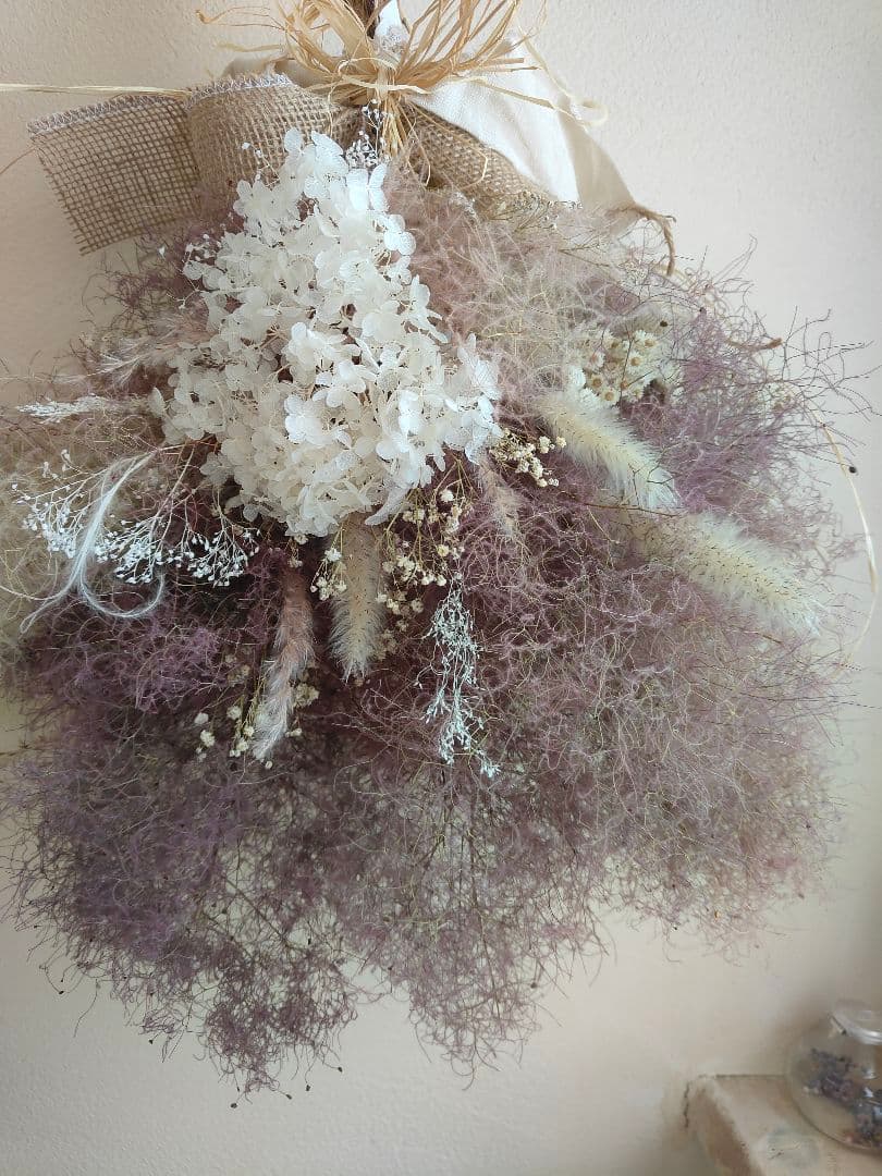 @yama様スモークツリーと白い紫陽花とかすみ草のドライフラワースワッグ２点