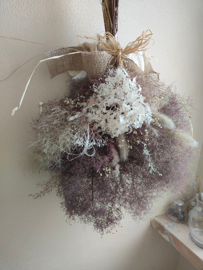 @yama様スモークツリーと白い紫陽花とかすみ草のドライフラワースワッグ２点