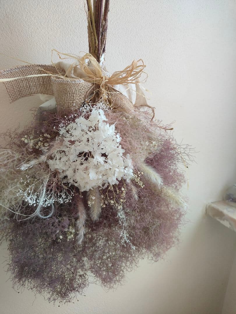 @yama様スモークツリーと白い紫陽花とかすみ草のドライフラワースワッグ２点