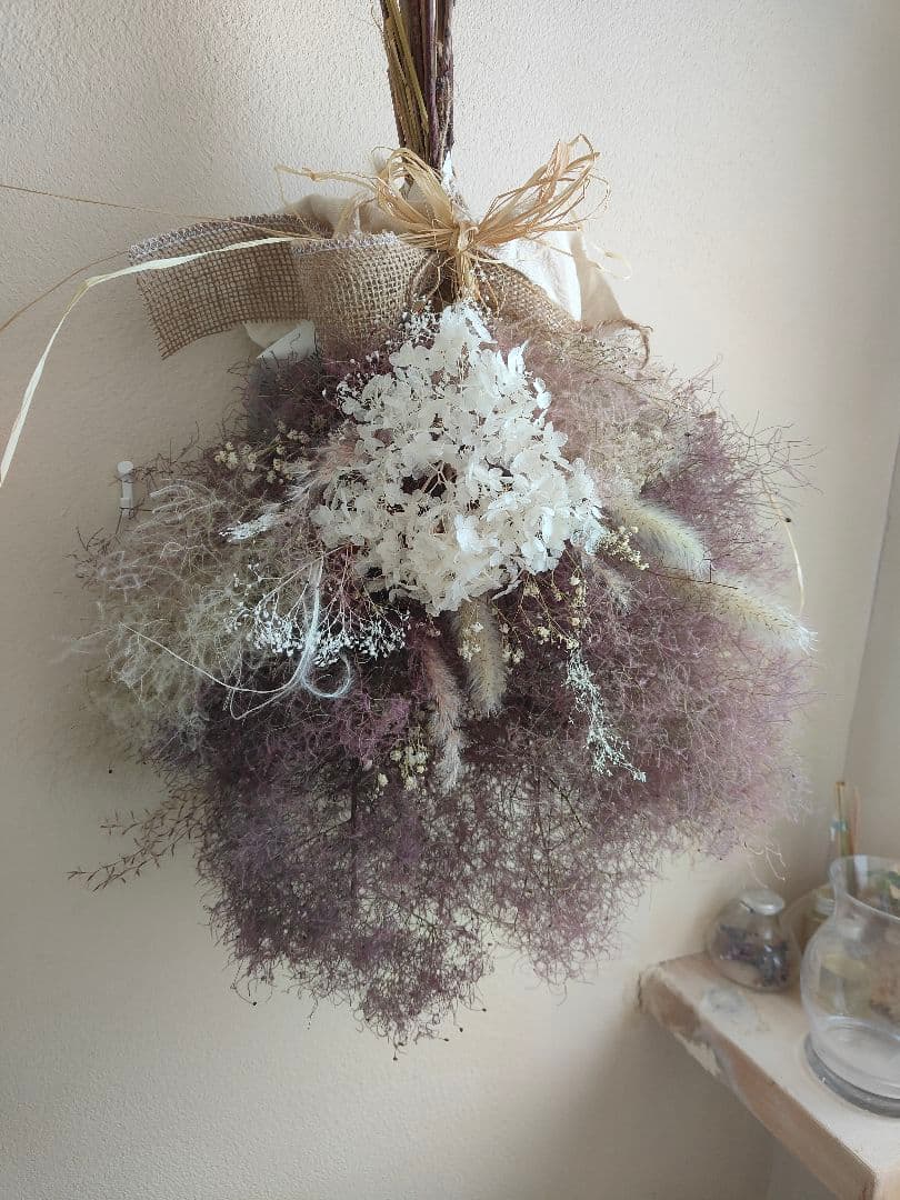 @yama様スモークツリーと白い紫陽花とかすみ草のドライフラワースワッグ２点