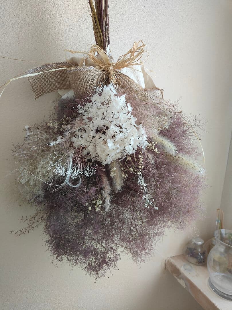 @yama様スモークツリーと白い紫陽花とかすみ草のドライフラワースワッグ２点