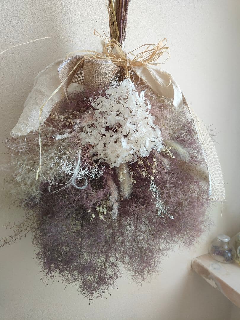 @yama様スモークツリーと白い紫陽花とかすみ草のドライフラワースワッグ２点