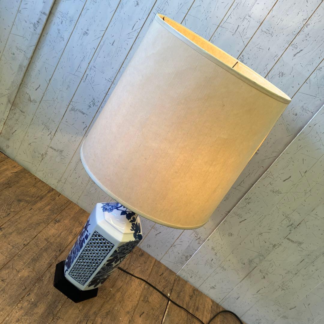 昭和レトロ 陶器製 染付 牡丹 透かし スタンドランプ フロアライト 照明器具