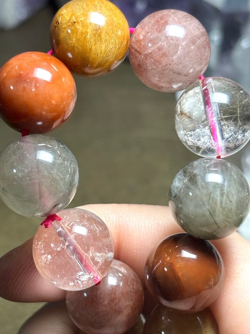 【新入荷】カラフルルチルクォーツブレスレット約15㎜大玉（新品未使用）天然石