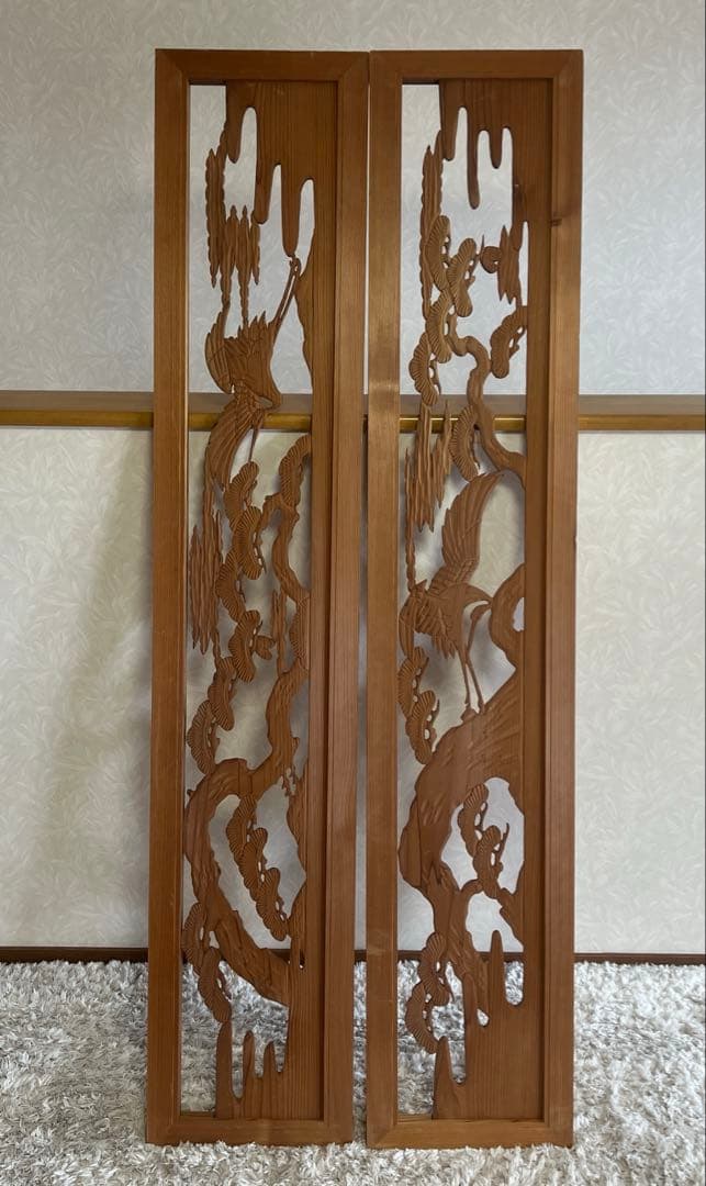 欄間らんま 古民家取壊し品 松と鶴の手彫り彫刻 建具 DIY