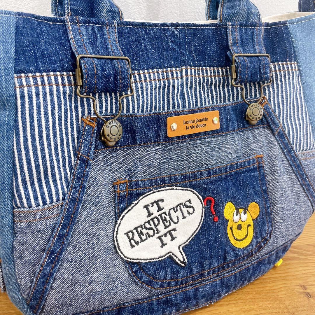 デニムリメイク 2way♦︎ぷっくり トートバッグ マチ広め オーバーオール