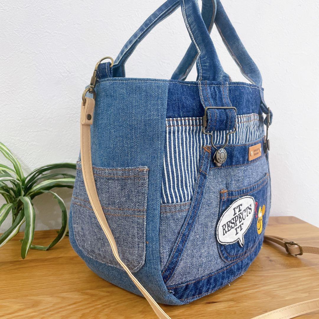 デニムリメイク 2way♦︎ぷっくり トートバッグ マチ広め オーバーオール