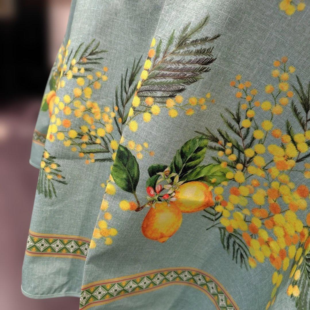 南仏プロバンスプリントテーブルクロスミモザ/レモン グリーン