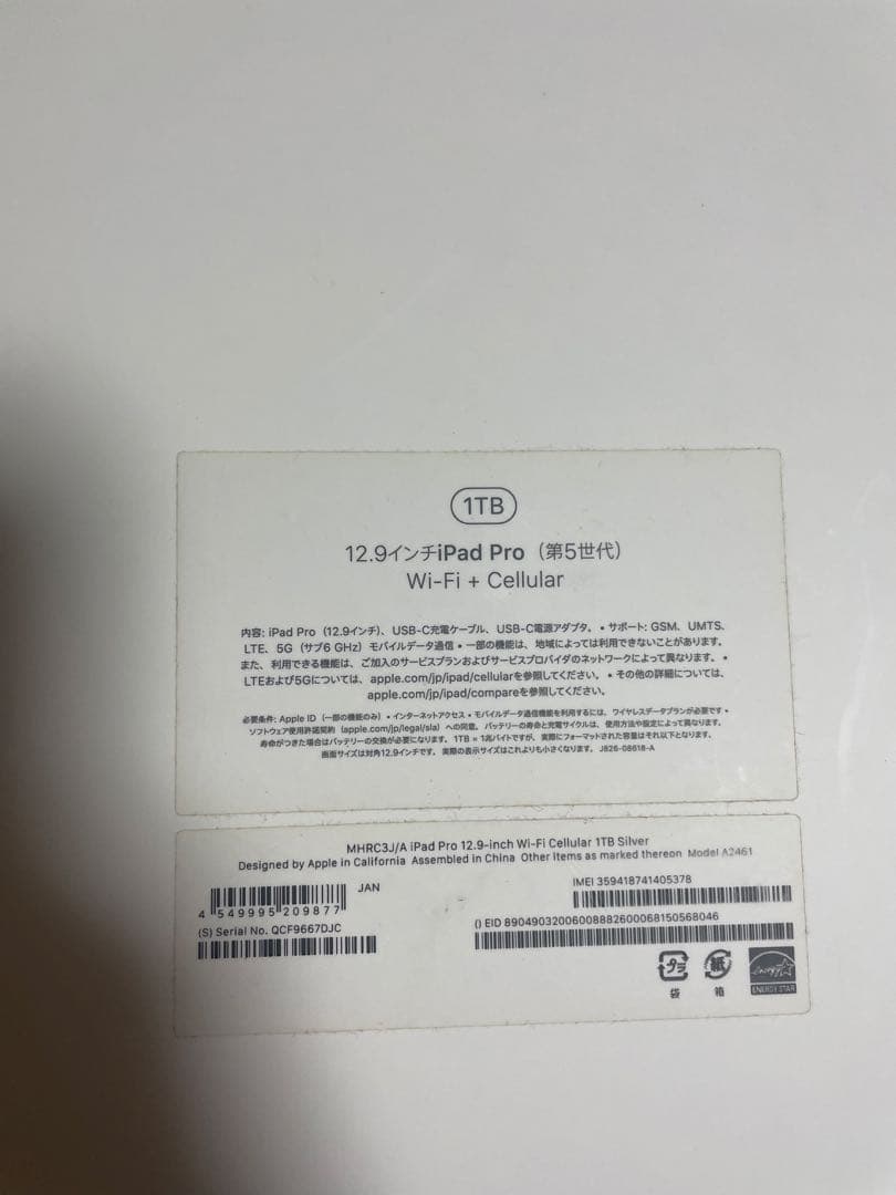 iPad Pro 12.9インチ Wi-Fi + Cellular（1TB)