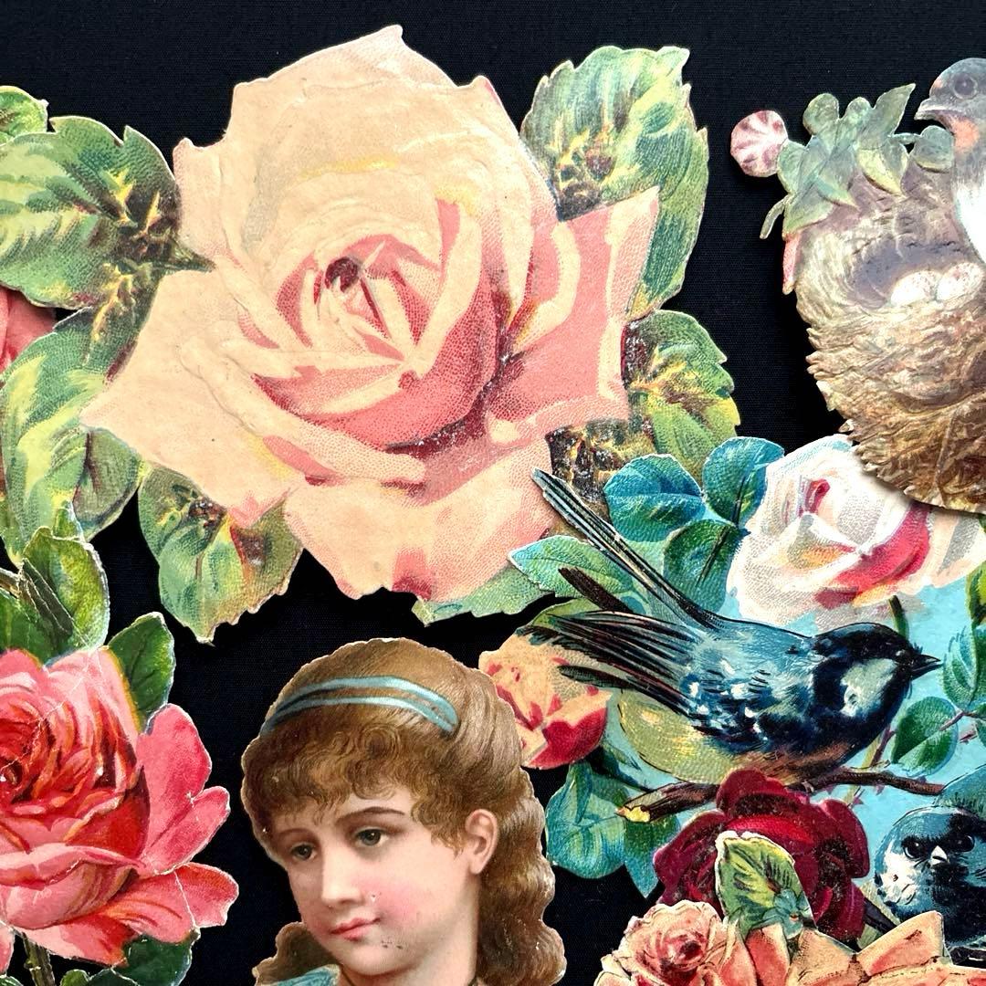 フランスアンティーク クロモスセットCC10☘️少女花バラ薔薇鳥 大きめ