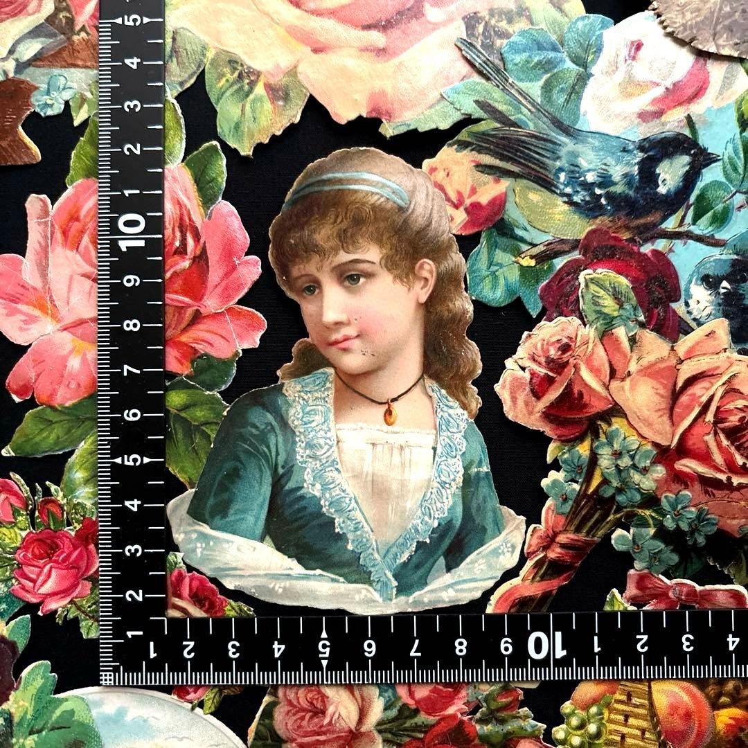 フランスアンティーク クロモスセットCC10☘️少女花バラ薔薇鳥 大きめ