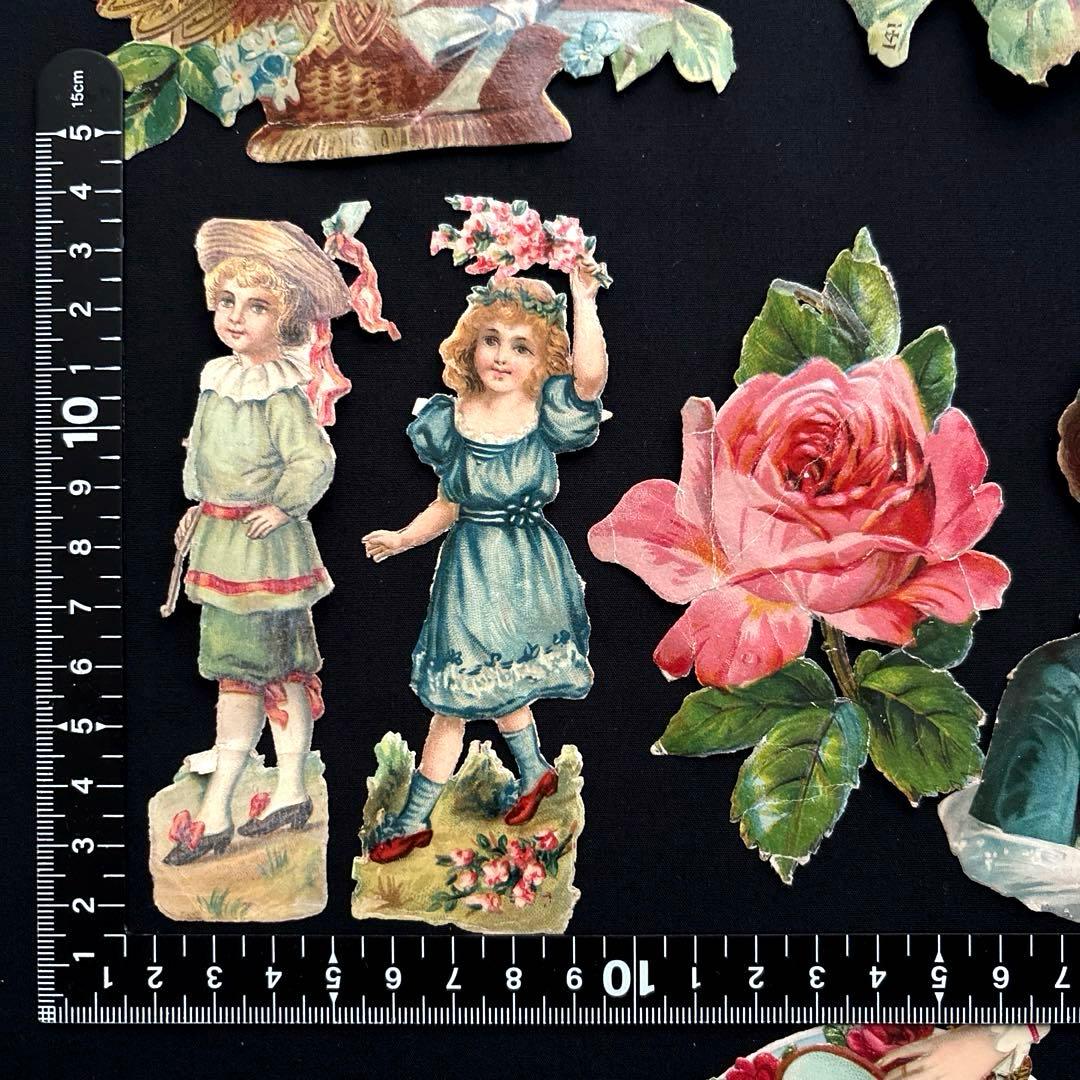 フランスアンティーク クロモスセットCC10☘️少女花バラ薔薇鳥 大きめ