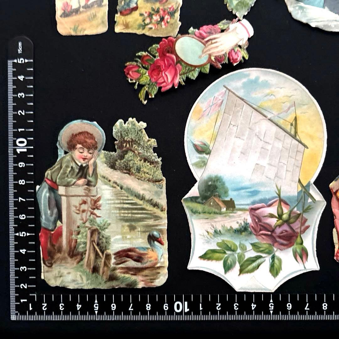 フランスアンティーク クロモスセットCC10☘️少女花バラ薔薇鳥 大きめ