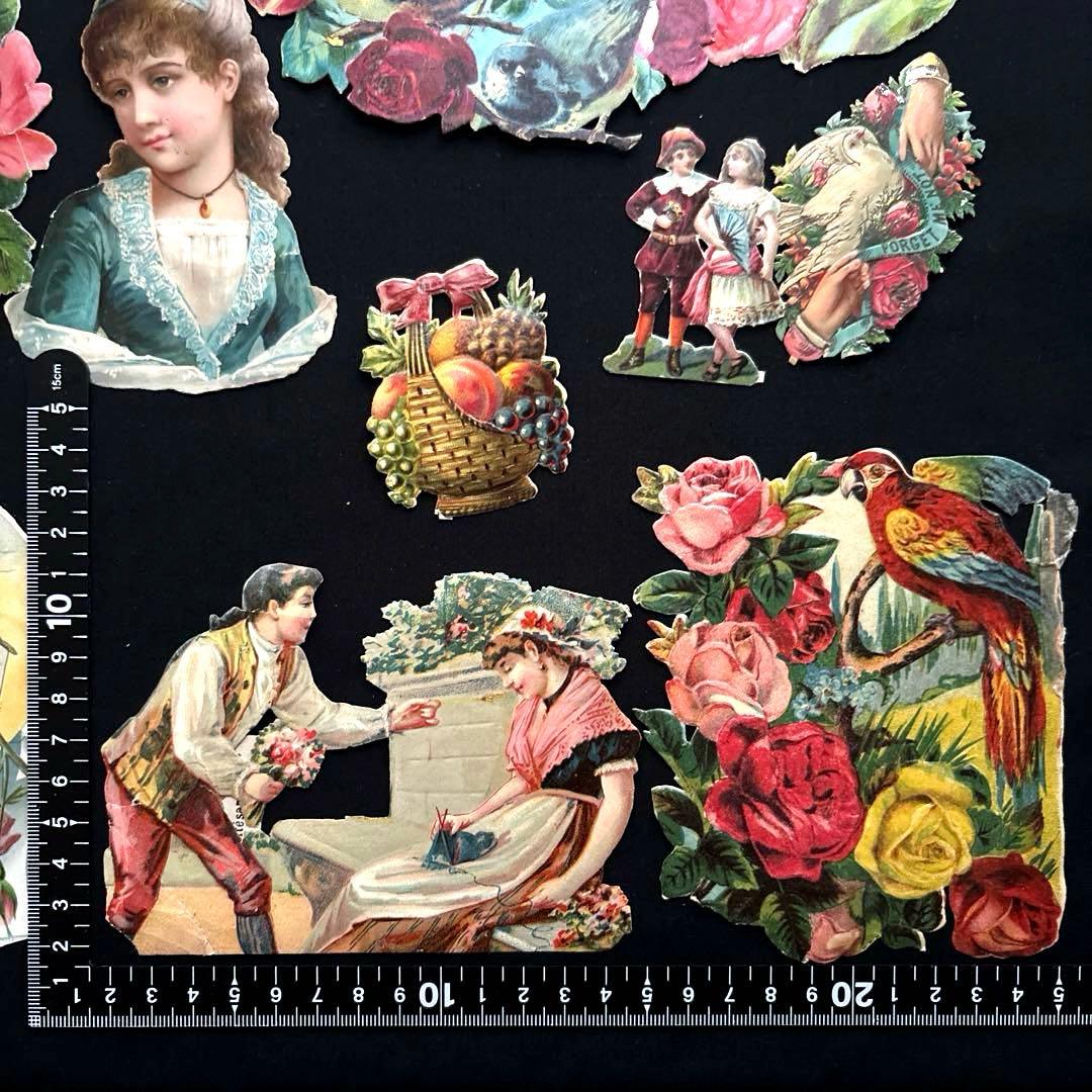 フランスアンティーク クロモスセットCC10☘️少女花バラ薔薇鳥 大きめ