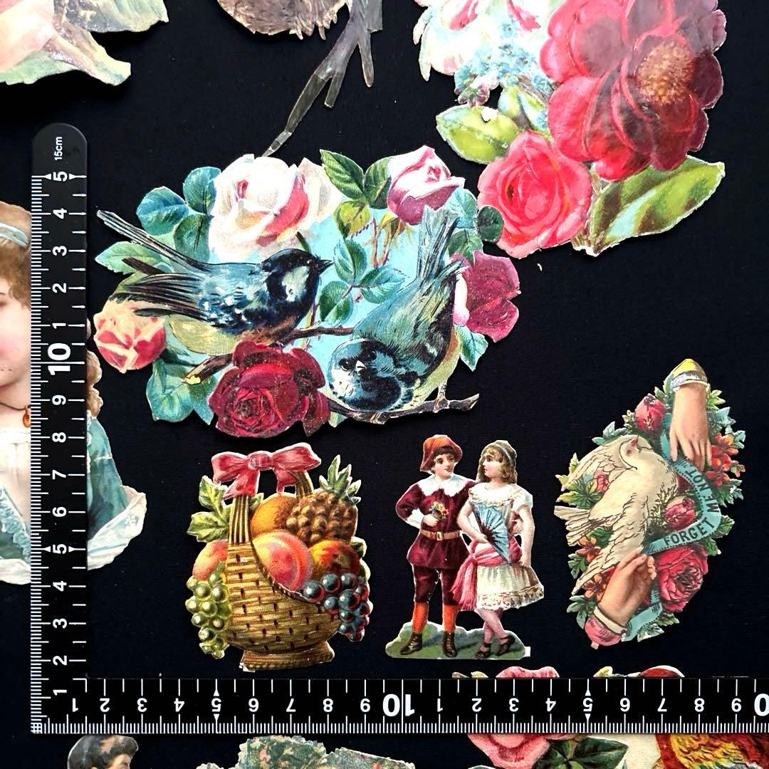 フランスアンティーク クロモスセットCC10☘️少女花バラ薔薇鳥 大きめ