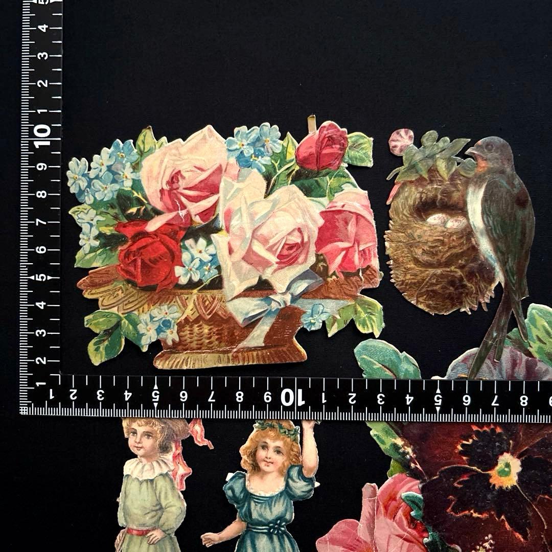 フランスアンティーク クロモスセットCC10☘️少女花バラ薔薇鳥 大きめ