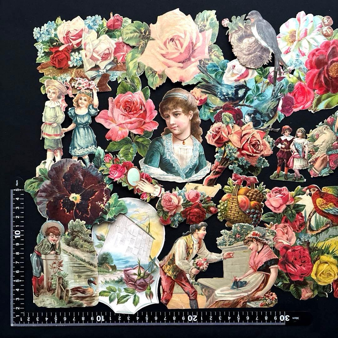 フランスアンティーク クロモスセットCC10☘️少女花バラ薔薇鳥 大きめ