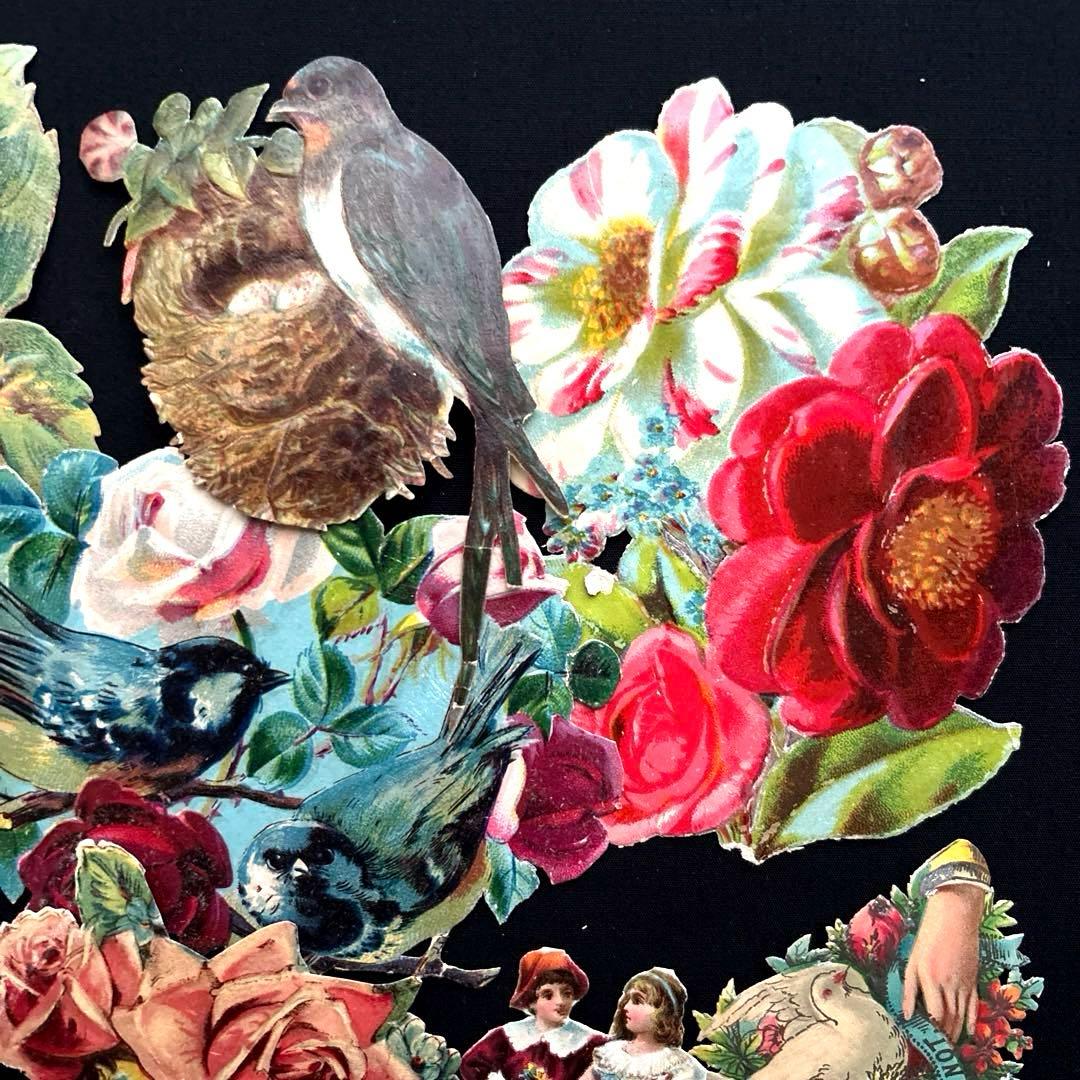 フランスアンティーク クロモスセットCC10☘️少女花バラ薔薇鳥 大きめ