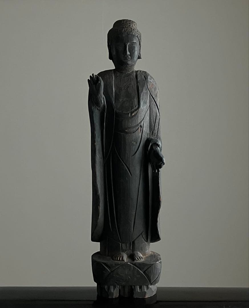 【禁欲的大作 民間如来立像 木彫 約35㎝ 江戸後期頃】仏像民間信仰郷土資料美術