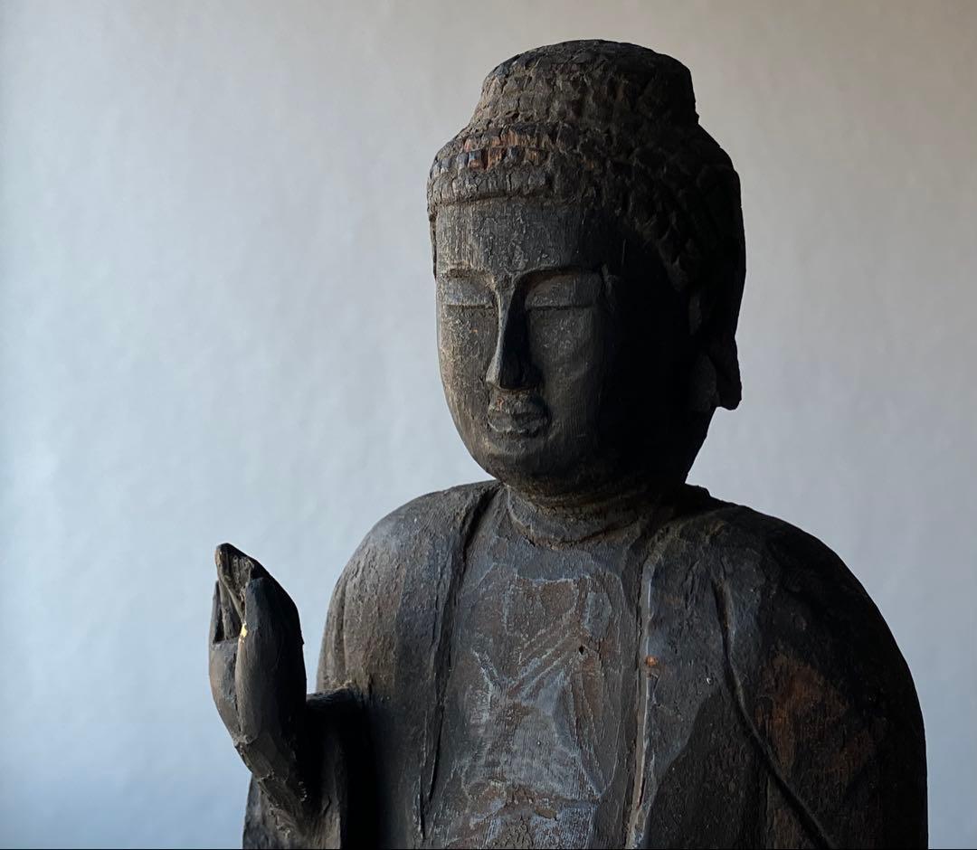 【禁欲的大作 民間如来立像 木彫 約35㎝ 江戸後期頃】仏像民間信仰郷土資料美術