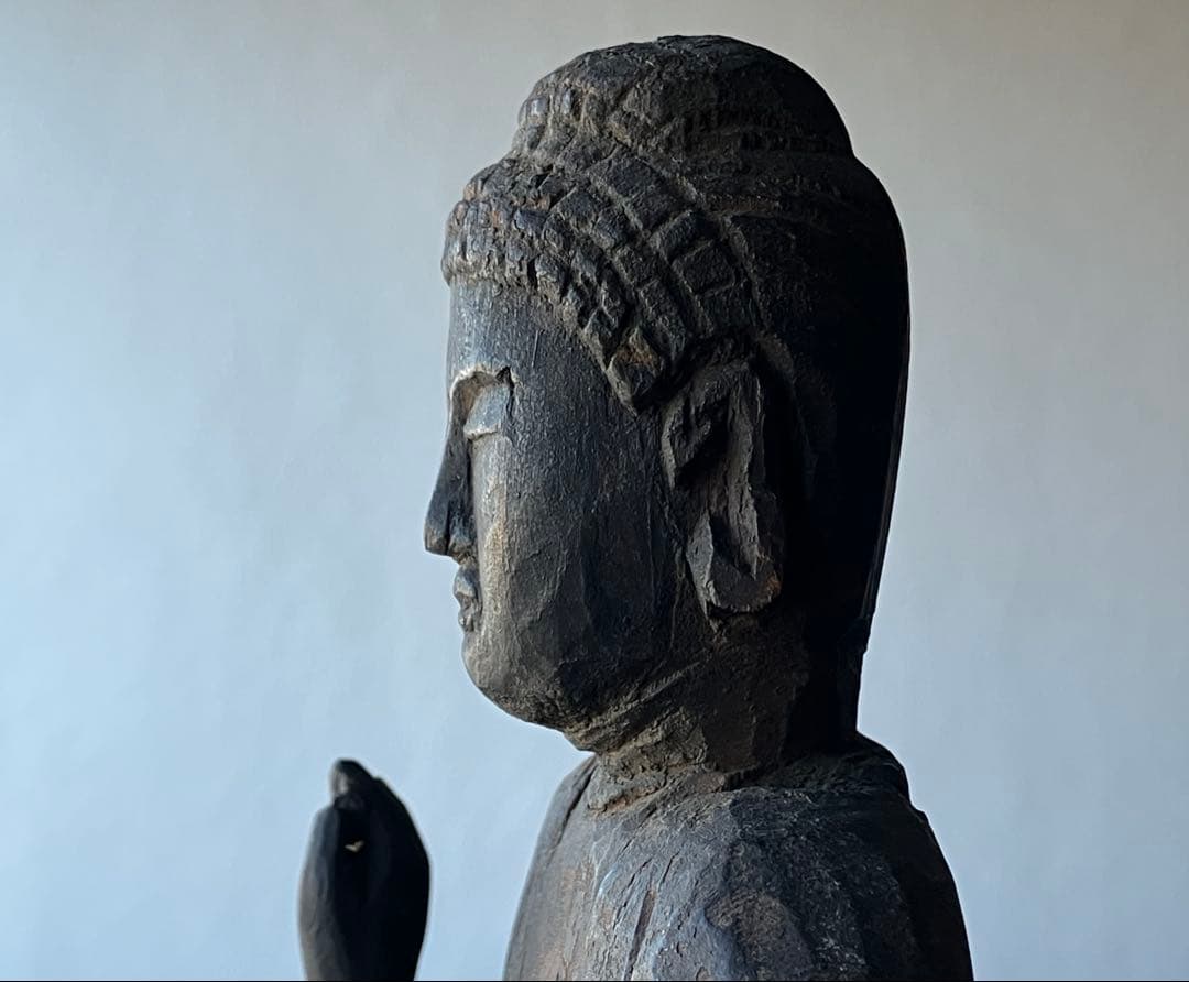 【禁欲的大作 民間如来立像 木彫 約35㎝ 江戸後期頃】仏像民間信仰郷土資料美術