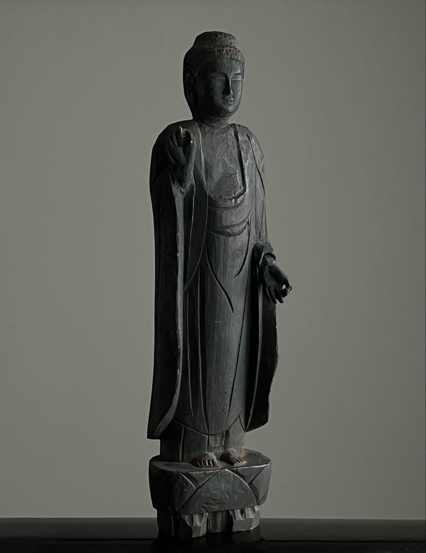 【禁欲的大作 民間如来立像 木彫 約35㎝ 江戸後期頃】仏像民間信仰郷土資料美術