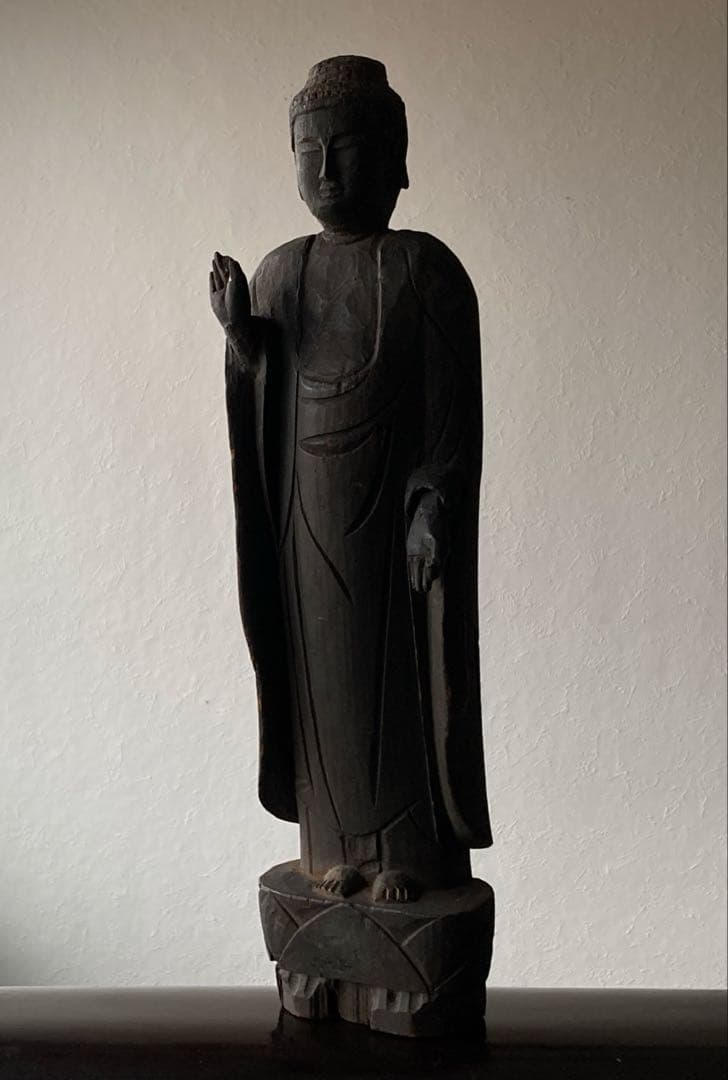 【禁欲的大作 民間如来立像 木彫 約35㎝ 江戸後期頃】仏像民間信仰郷土資料美術