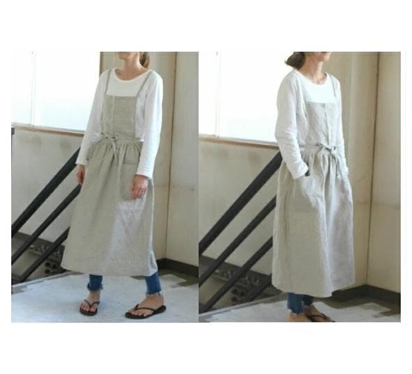 ギャザー入りワンピースエプロンfrenchlinen100％ロング丈仕様９５