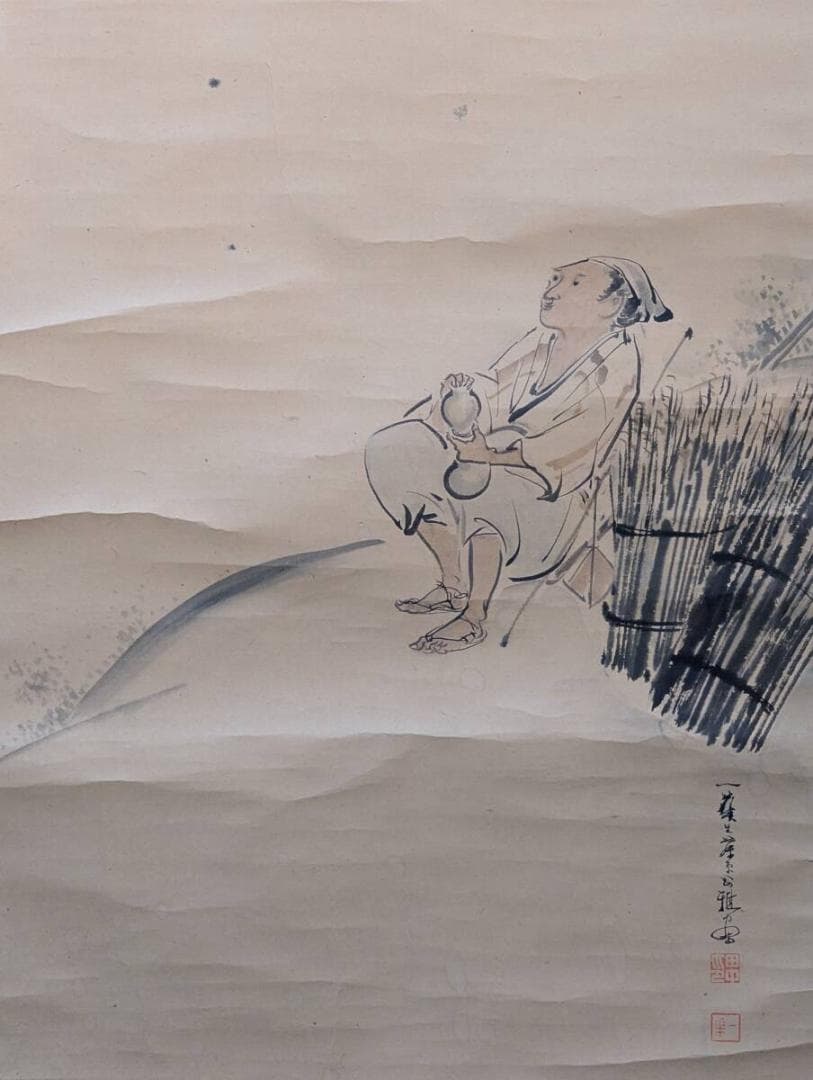 【真作】掛軸　川辺小憩図　水墨人物画　静寂の詩情　文人画風　淡墨人物図　V56