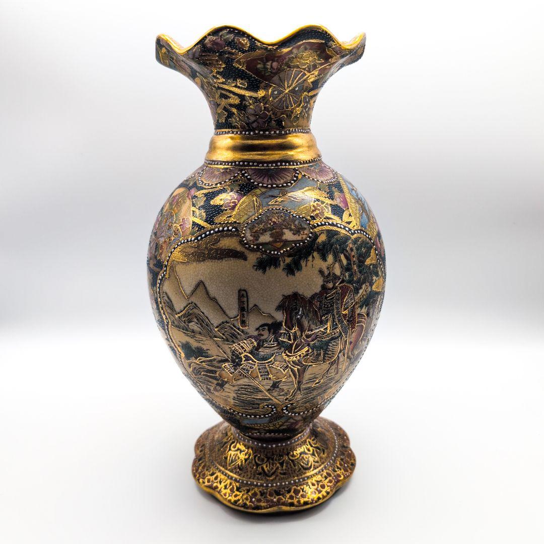 薩摩焼 金襴手 金彩 色絵 豪華絢爛 細密 武者図 美人画 飾壺 花瓶