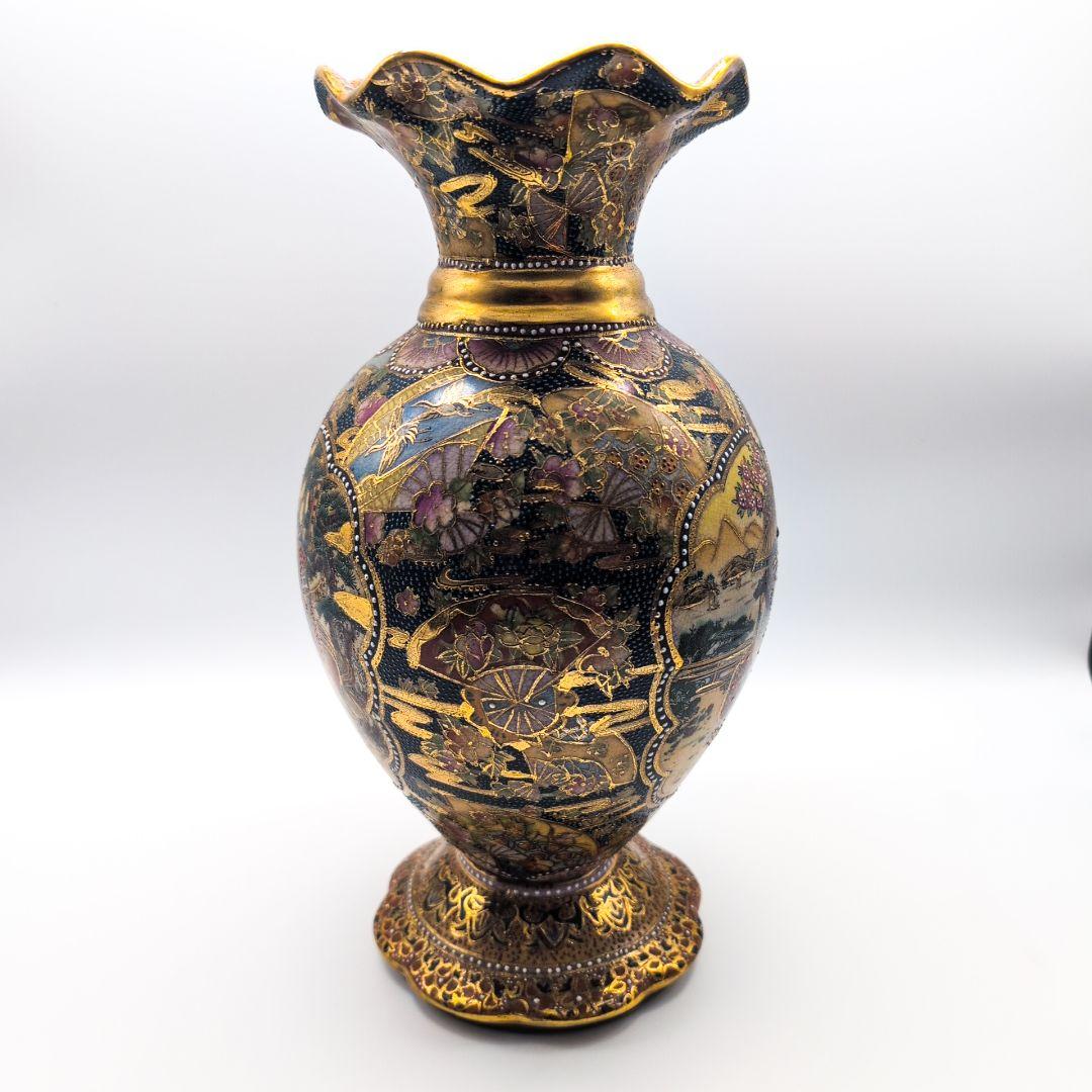 薩摩焼 金襴手 金彩 色絵 豪華絢爛 細密 武者図 美人画 飾壺 花瓶