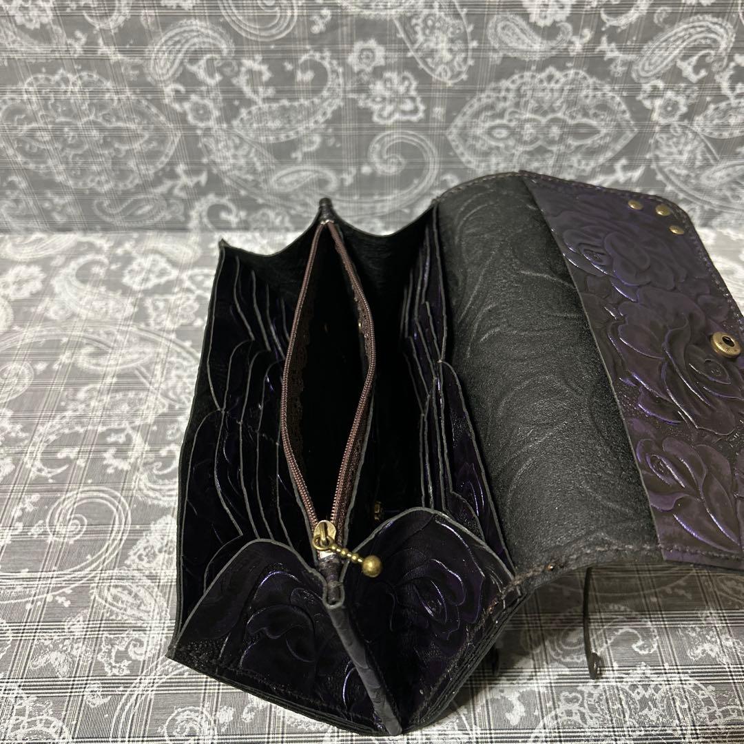 ハンドメイド♪本革薔薇長財布(*^^*)ブラックキラキラパープル♪