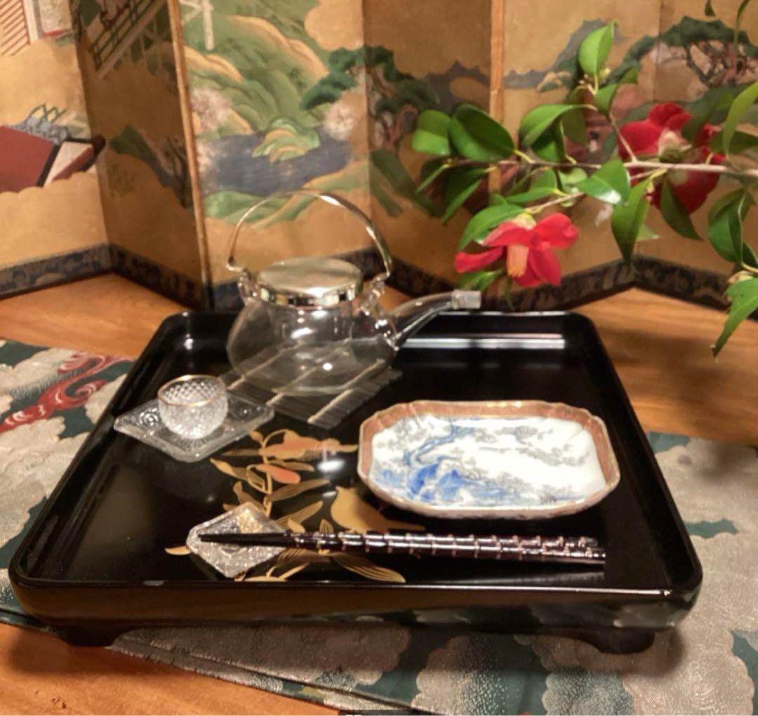 A918 古伊万里　染錦手　変形角皿　梅と文人紋様　　５枚