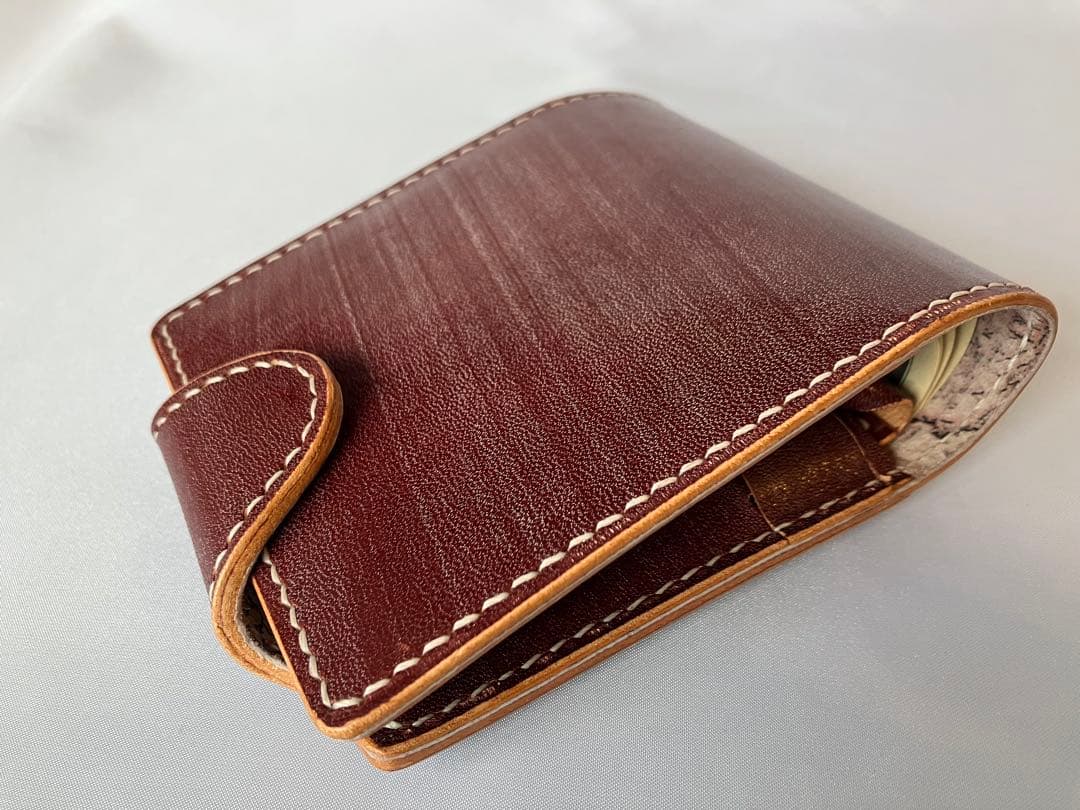 【試作モデル】二つ折り財布 ブライドルレザー 手縫い ワイン ロディア対応