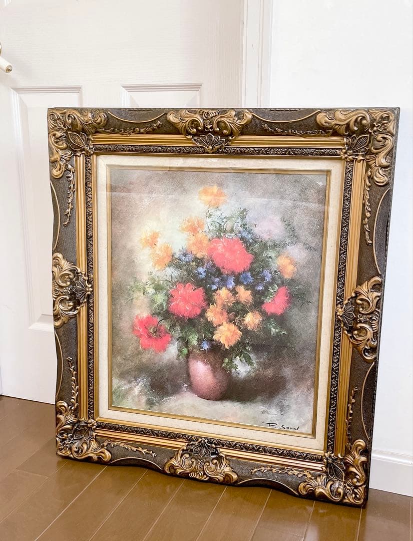 フランス　アンティーク　ピエール・ソレル　花　花瓶　油絵　額縁　絵画　名画