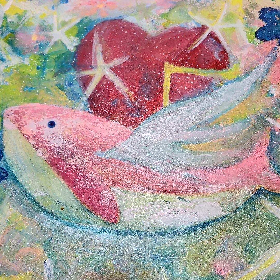 油彩画　愛のクジラ　抽象画