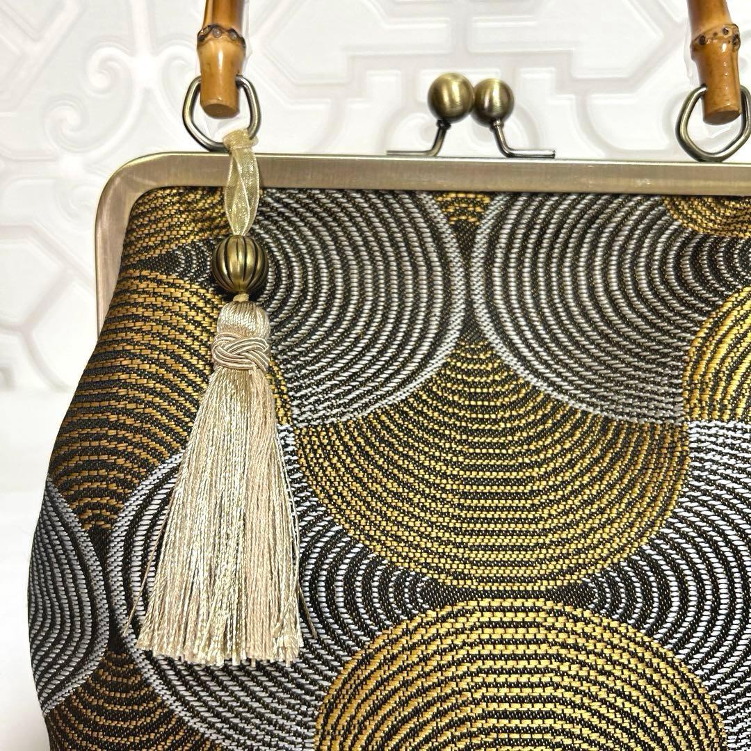 がま口バッグ　フランス製SAFECO生地　バンブー持ち手　和装用　ハンドメイド