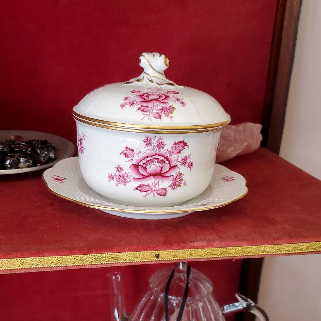 レア　ヘレンド　アポニーピンクシュガーポットカップ受け皿付き　アクセサリーケース