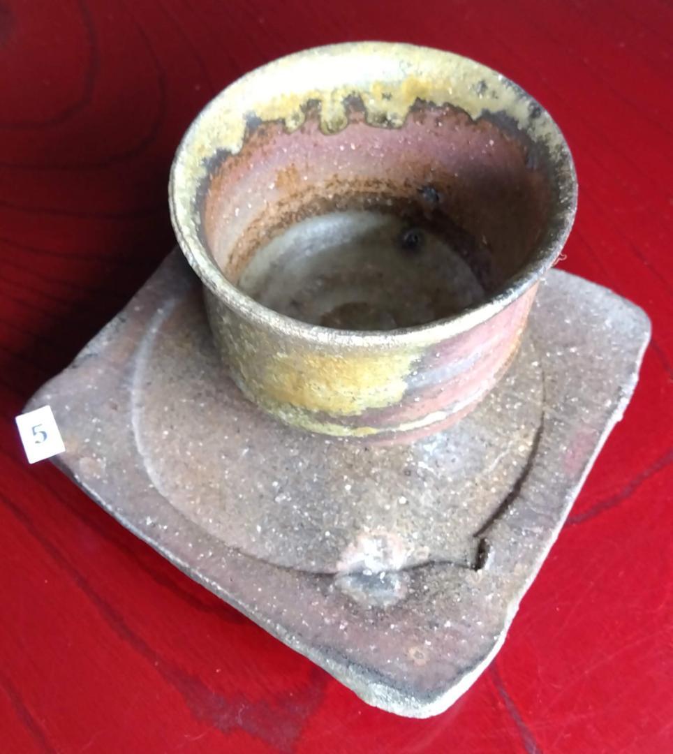 越前焼名工　白越不朝　塩越窯自然灰釉究極美逸品ぐい呑み湯呑3種茶托セットNo:５