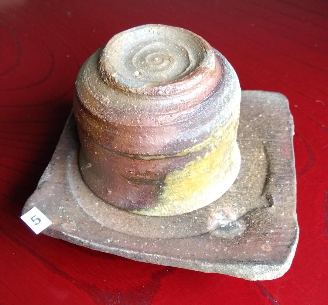 越前焼名工　白越不朝　塩越窯自然灰釉究極美逸品ぐい呑み湯呑3種茶托セットNo:５