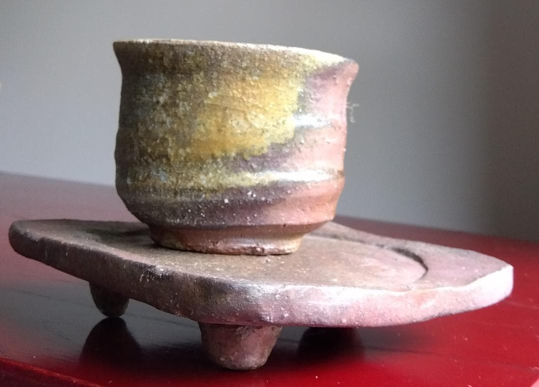 越前焼名工　白越不朝　塩越窯自然灰釉究極美逸品ぐい呑み湯呑3種茶托セットNo:５