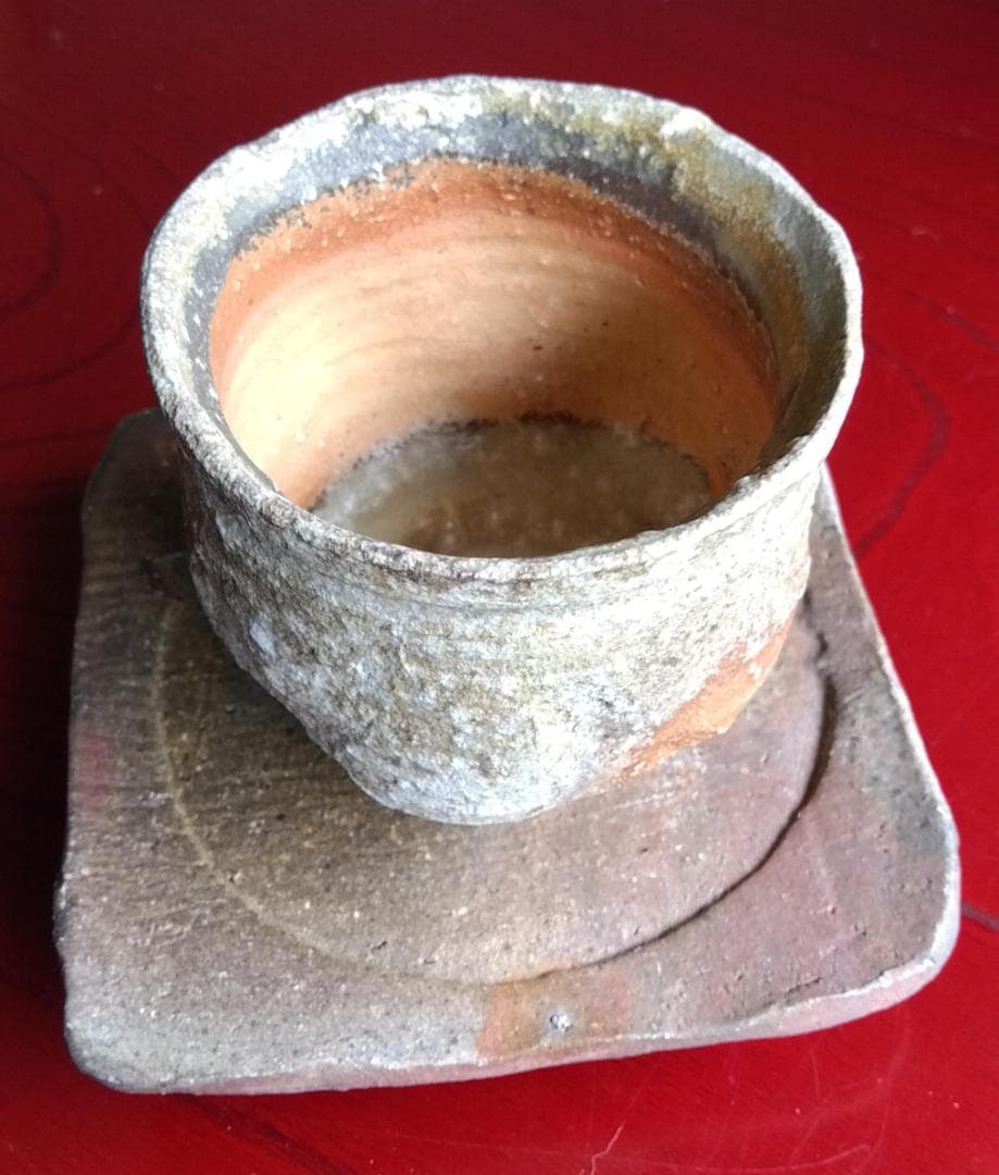 越前焼名工　白越不朝　塩越窯自然灰釉究極美逸品ぐい呑み湯呑3種茶托セットNo:５