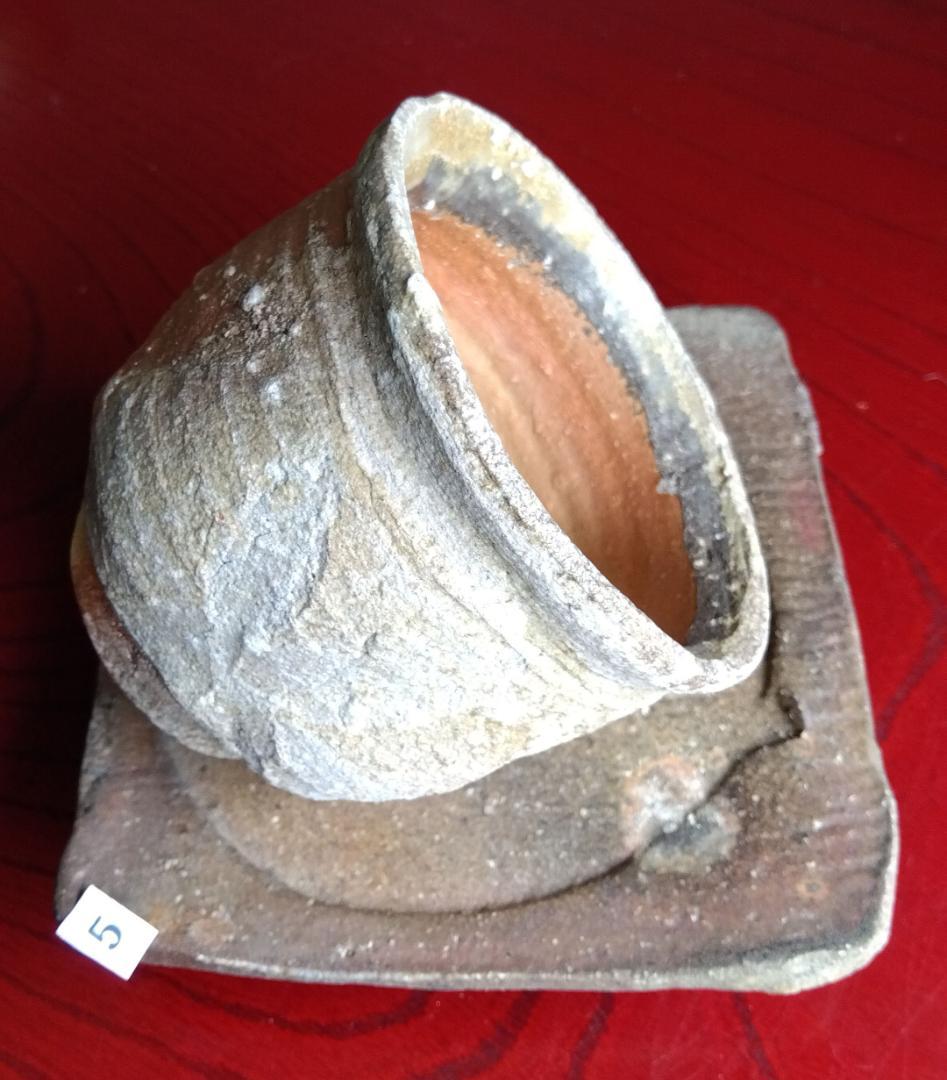 越前焼名工　白越不朝　塩越窯自然灰釉究極美逸品ぐい呑み湯呑3種茶托セットNo:５