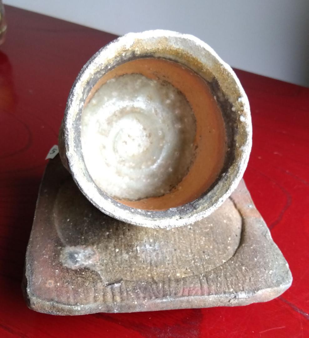 越前焼名工　白越不朝　塩越窯自然灰釉究極美逸品ぐい呑み湯呑3種茶托セットNo:５